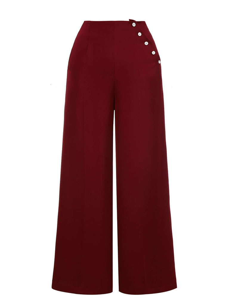 Pantalon large rouge années 1950 boutonné bordeaux