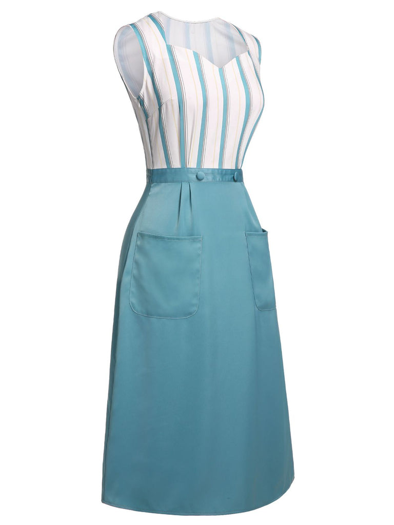 Robe à poches patchwork à rayures bleues des années 1950