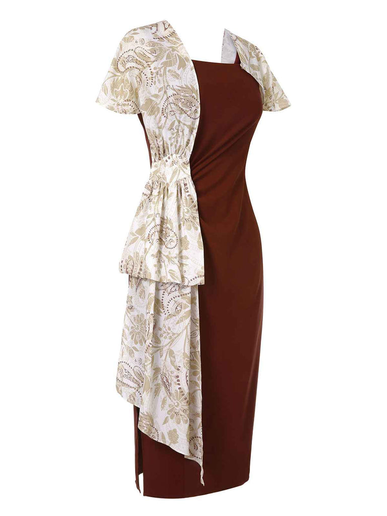 2PCS robe moulante unie et vêtements d'extérieur à fleurs des années 1960