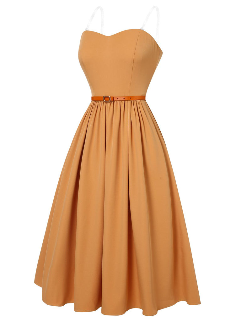Robe trapèze à bretelles années 1950 jaune abricot