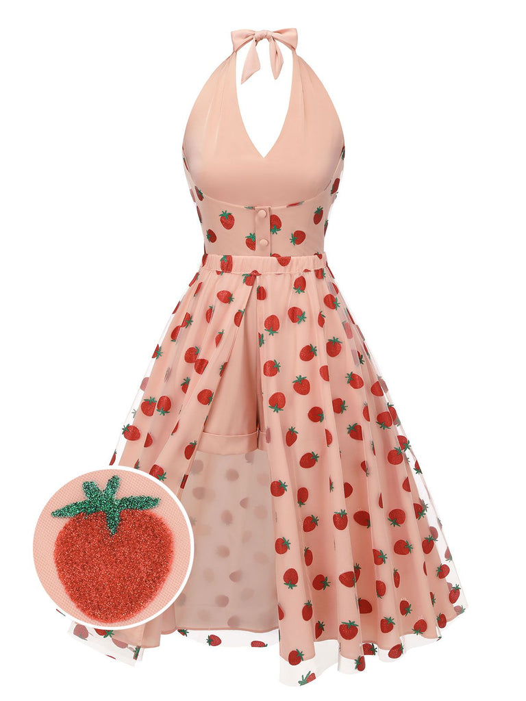 2PCS Combishort et jupe rose années 1950 fraise dos nu