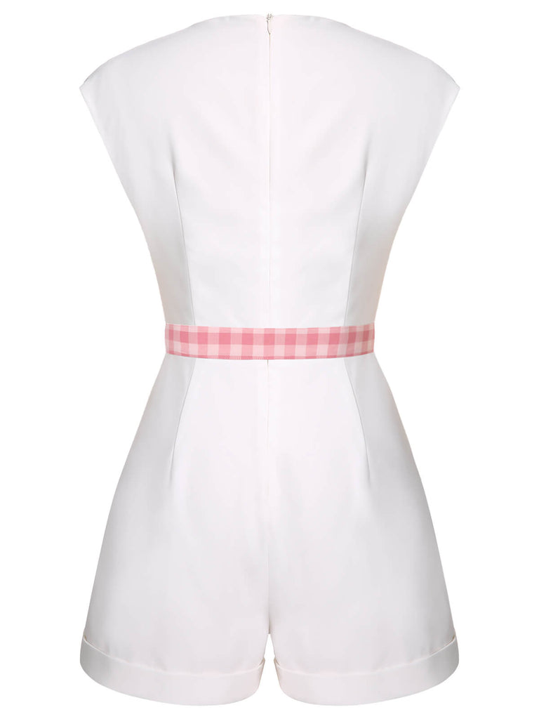 Combishort à carreaux blanc et rose des années 1950 avec ceinture