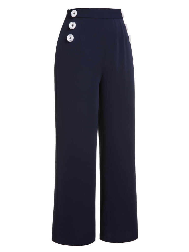 Pantalon droit bleu foncé à boutons unis des années 1950