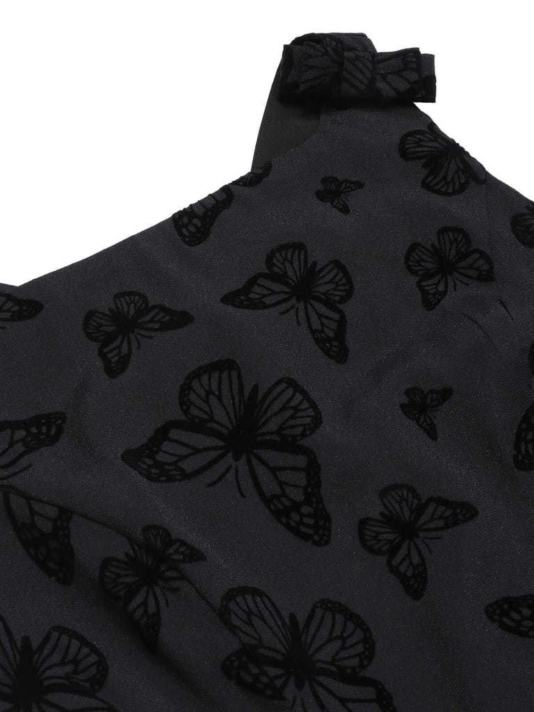 Robe Noire en maille floquée papillon des années 1950