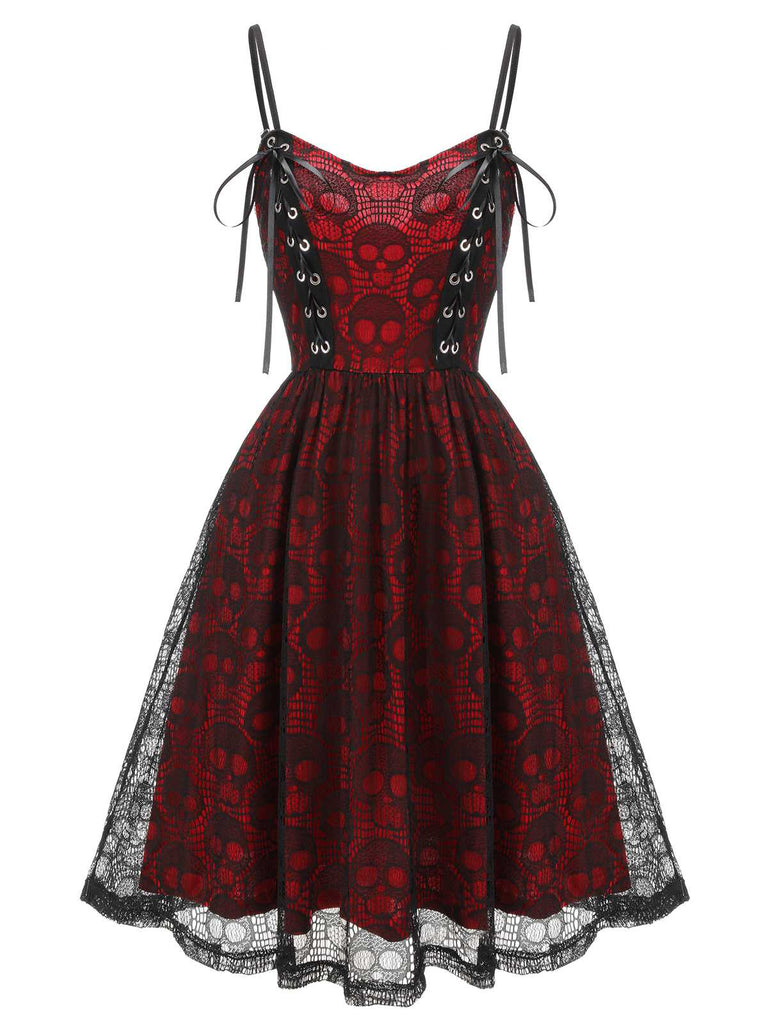 Robe de style gothique motif tête de mort rouge vin des années 1950