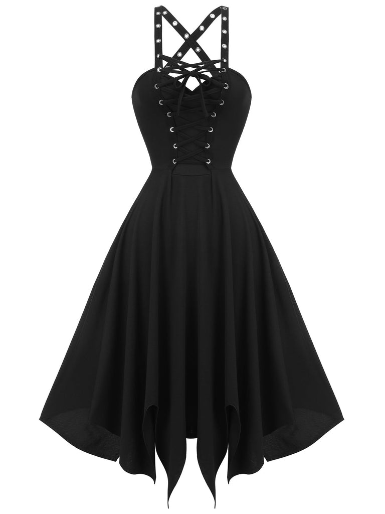 Robe noire de style gothique à bretelles spaghetti des années 1950