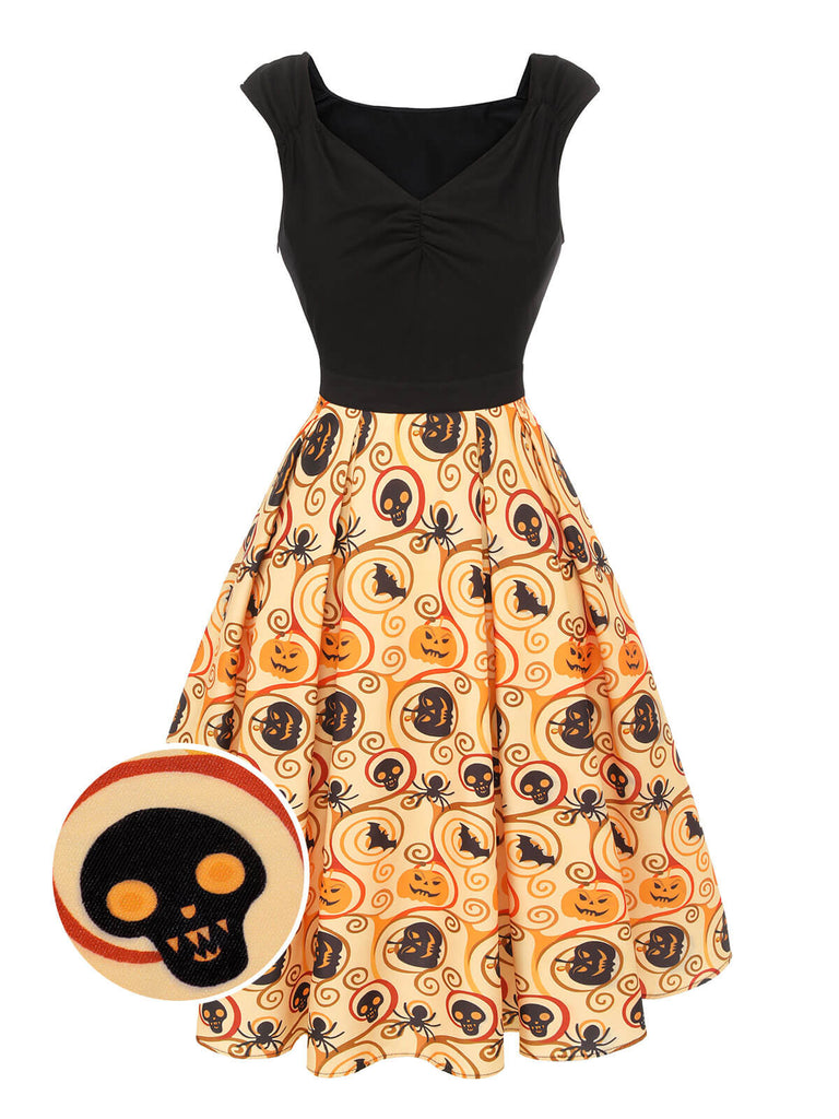 [Prévente] Robe chauve-souris citrouille d'Halloween noire et jaune des années 1950