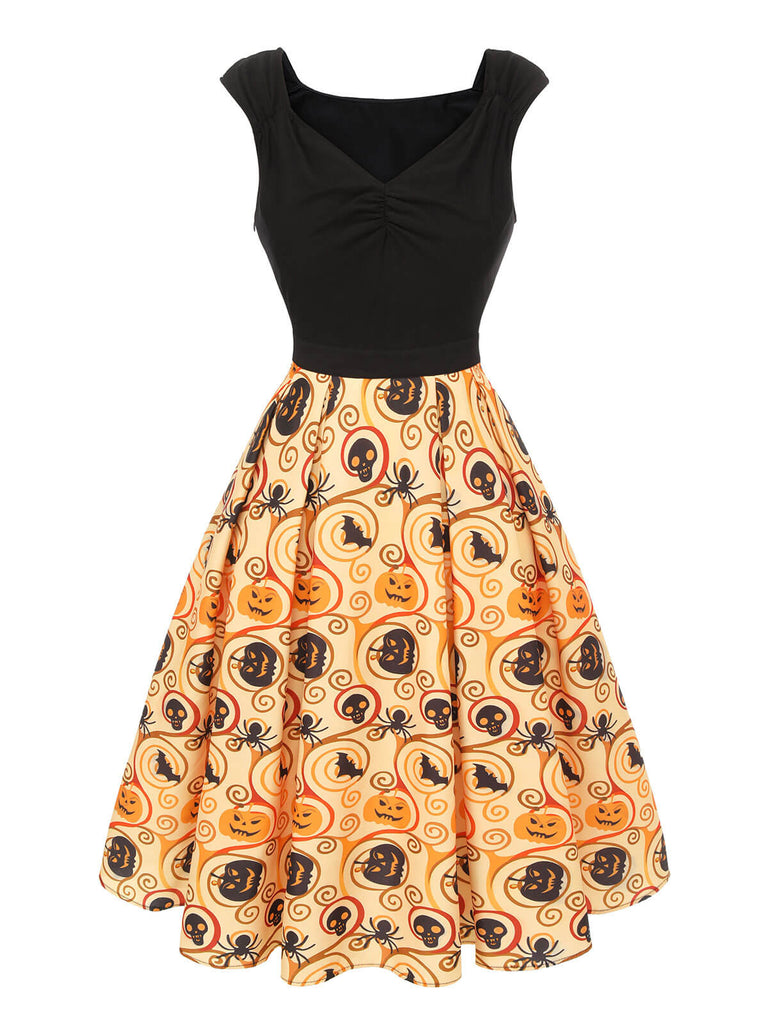 [Prévente] Robe chauve-souris citrouille d'Halloween noire et jaune des années 1950