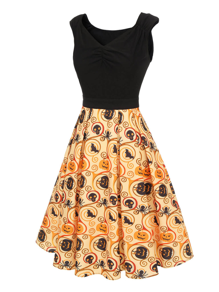 [Prévente] Robe chauve-souris citrouille d'Halloween noire et jaune des années 1950