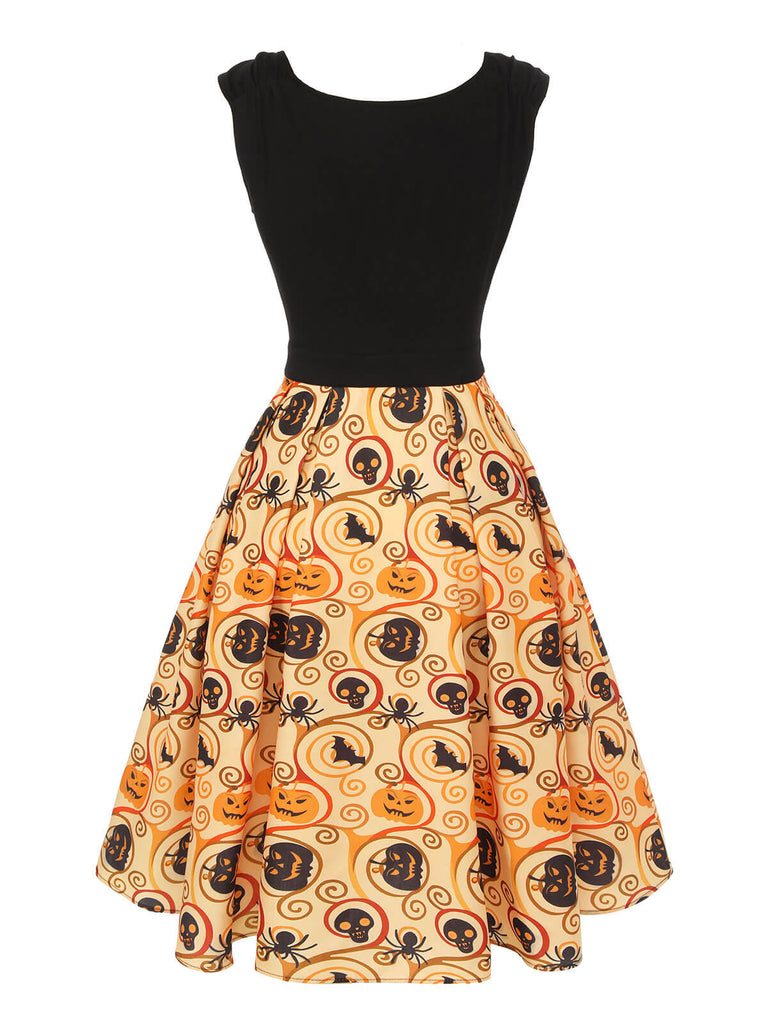 [Prévente] Robe chauve-souris citrouille d'Halloween noire et jaune des années 1950