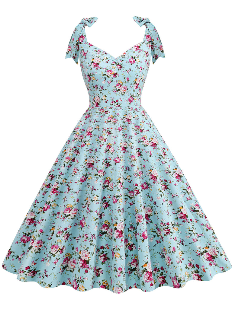 Robe trapèze florale à lacets et col en V des années 1950