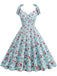 Robe trapèze florale à lacets et col en V des années 1950