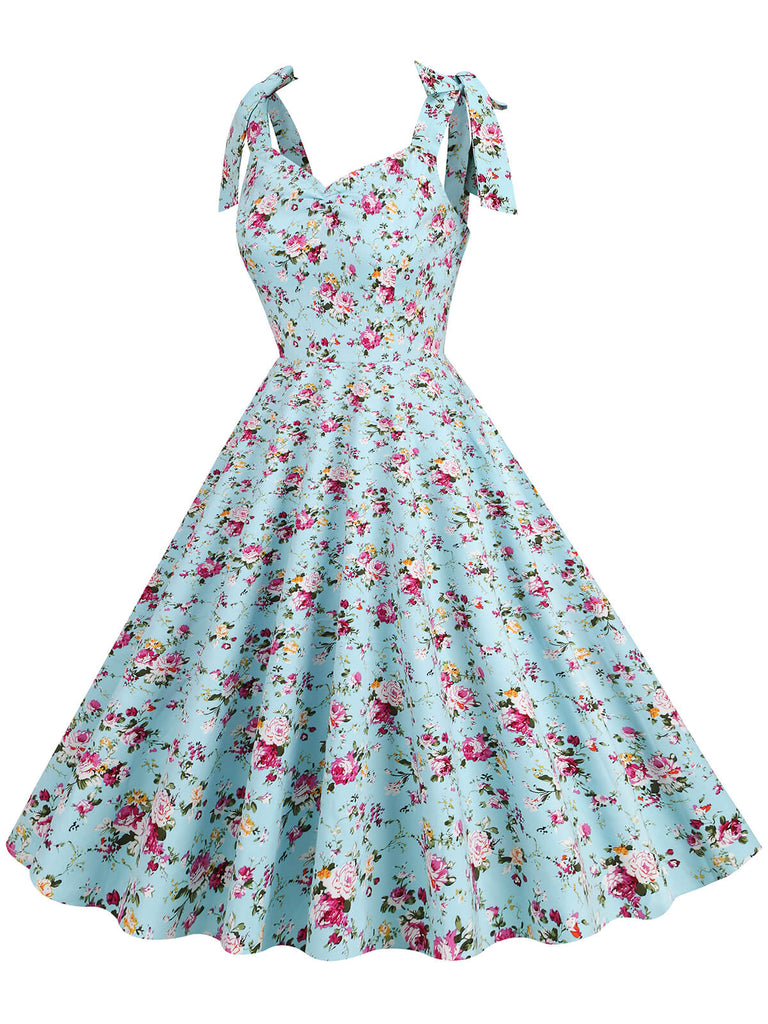 Robe trapèze florale à lacets et col en V des années 1950