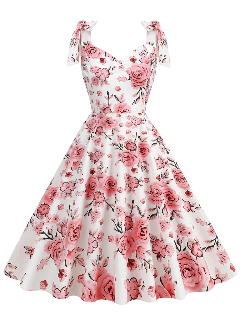 Robe trapèze florale à lacets et col en V des années 1950