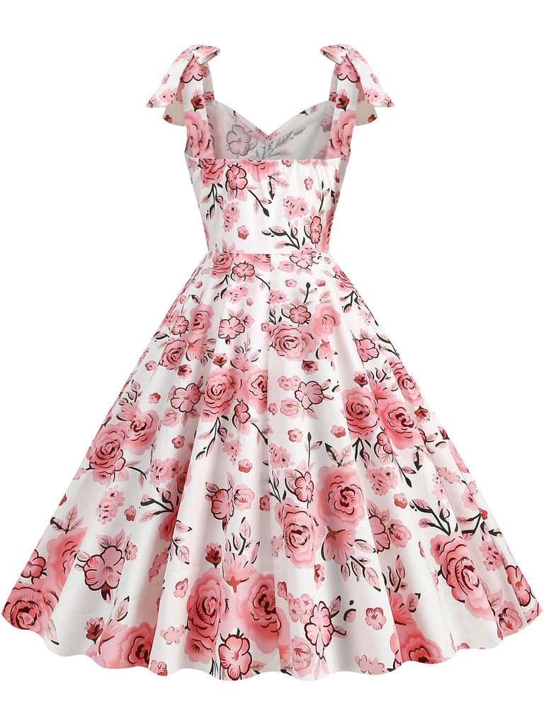 Robe trapèze florale à lacets et col en V des années 1950