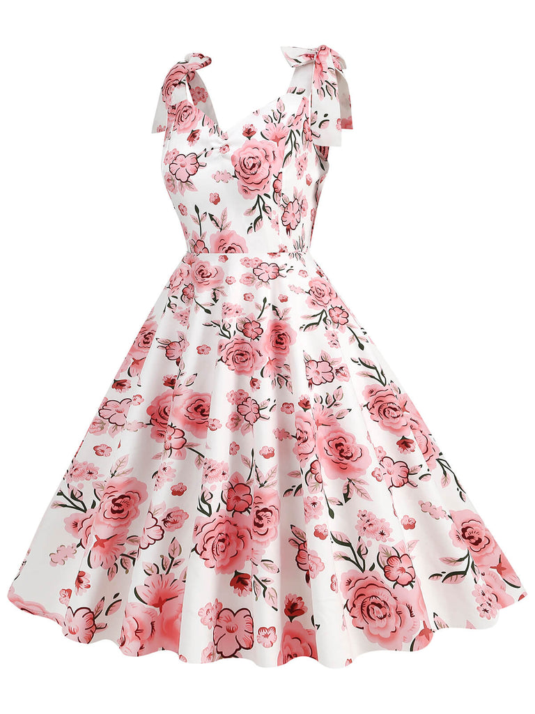 Robe trapèze florale à lacets et col en V des années 1950