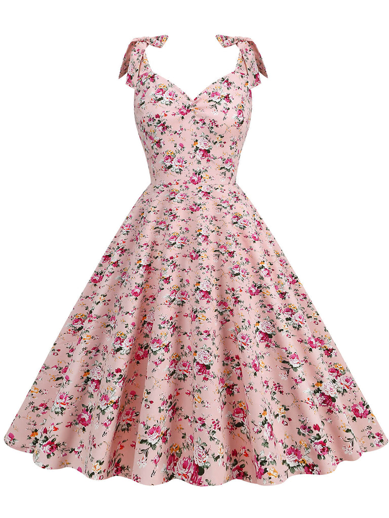 Robe trapèze florale à lacets et col en V des années 1950