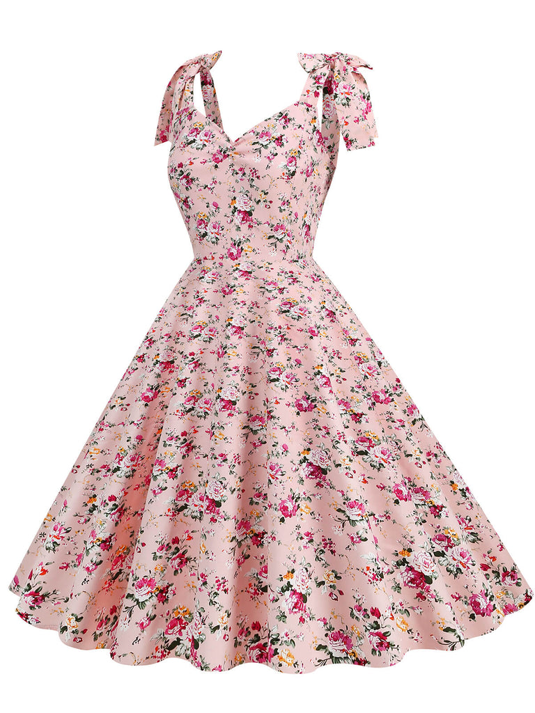Robe trapèze florale à lacets et col en V des années 1950