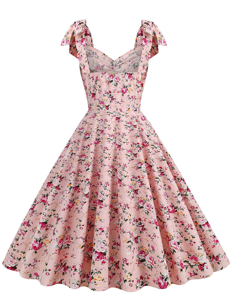Robe trapèze florale à lacets et col en V des années 1950