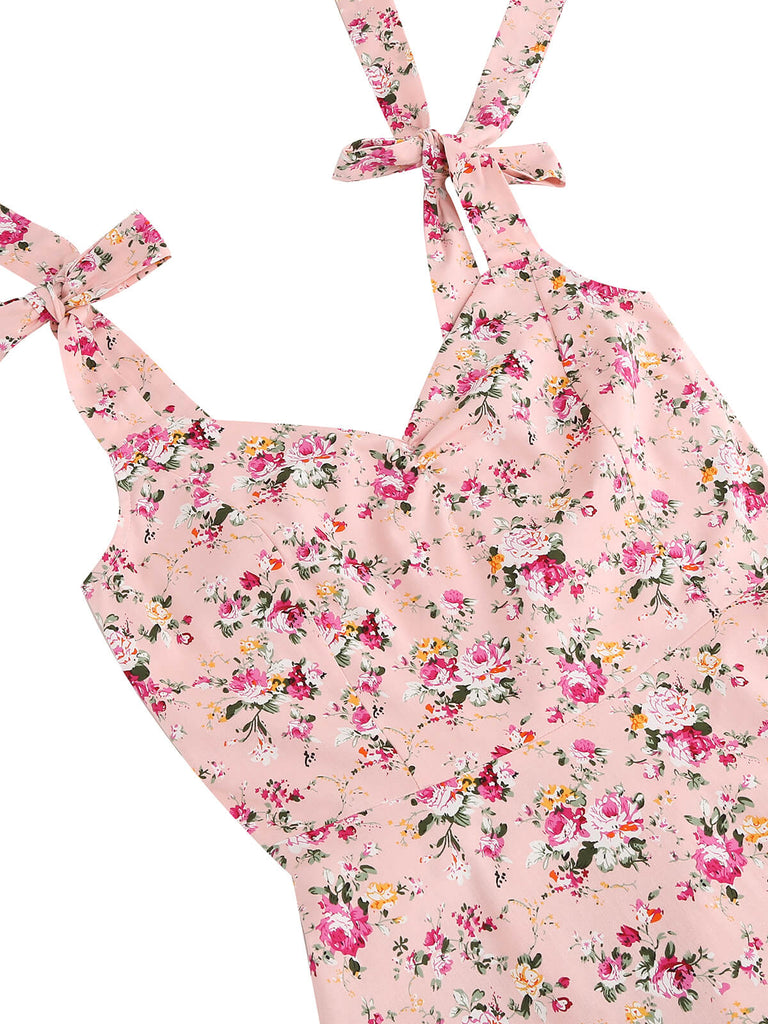 Robe trapèze florale à lacets et col en V des années 1950