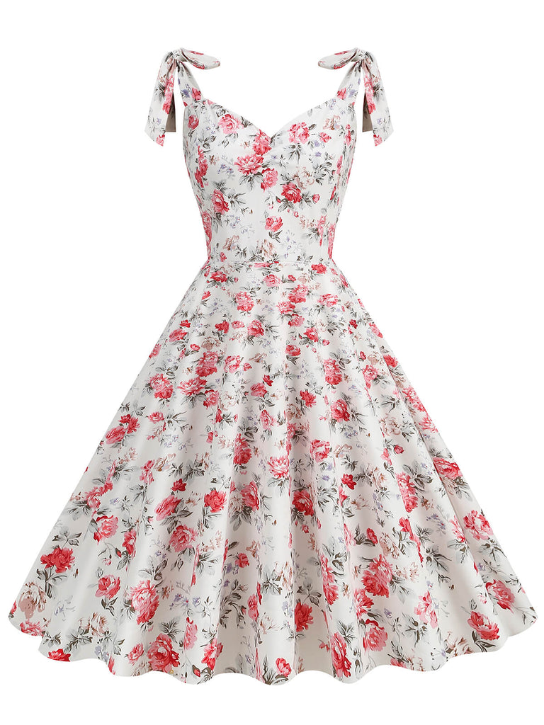 Robe trapèze florale à lacets et col en V des années 1950