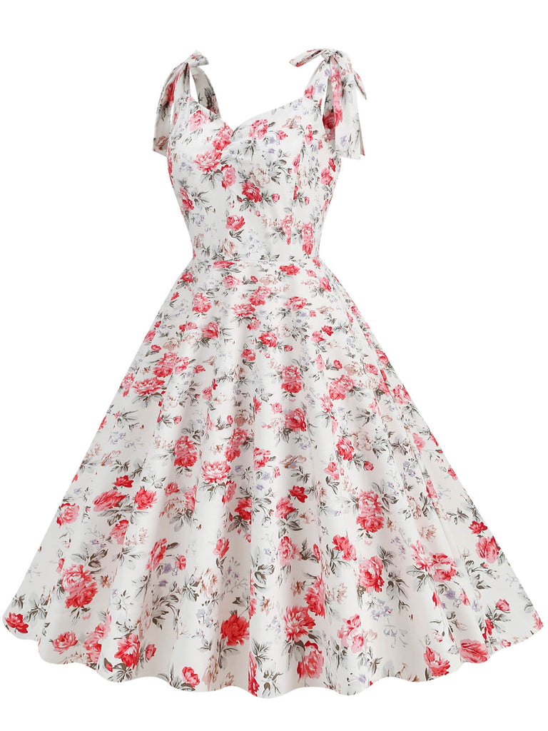 Robe trapèze florale à lacets et col en V des années 1950