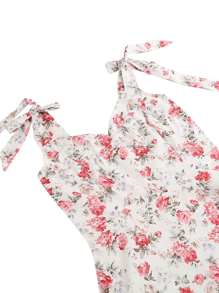 Robe trapèze florale à lacets et col en V des années 1950