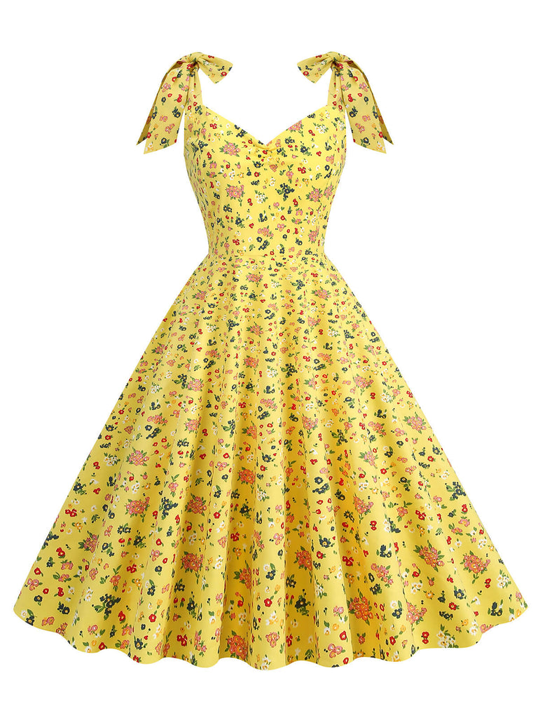 Robe trapèze florale à lacets et col en V des années 1950