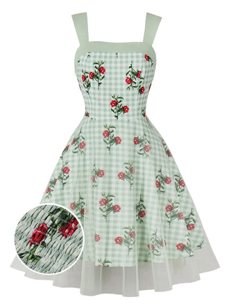 Robe patchwork en maille florale à carreaux verte des années 1950