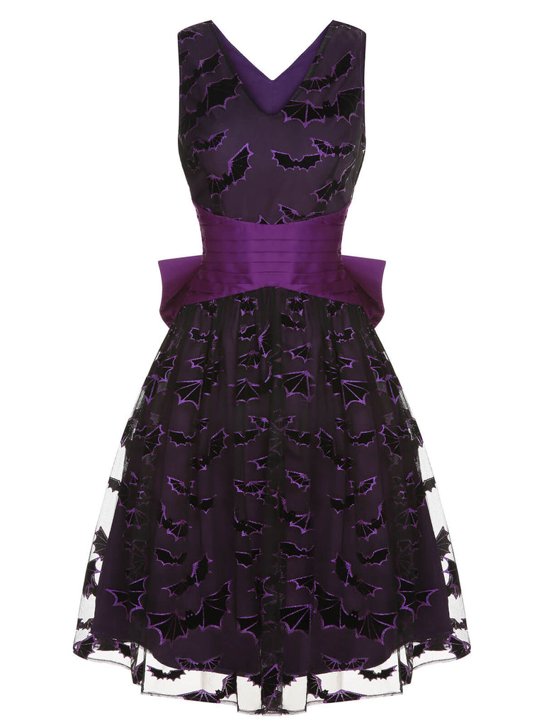 Robe à nœud de chauve-souris d’Halloween violet foncé des années 1950