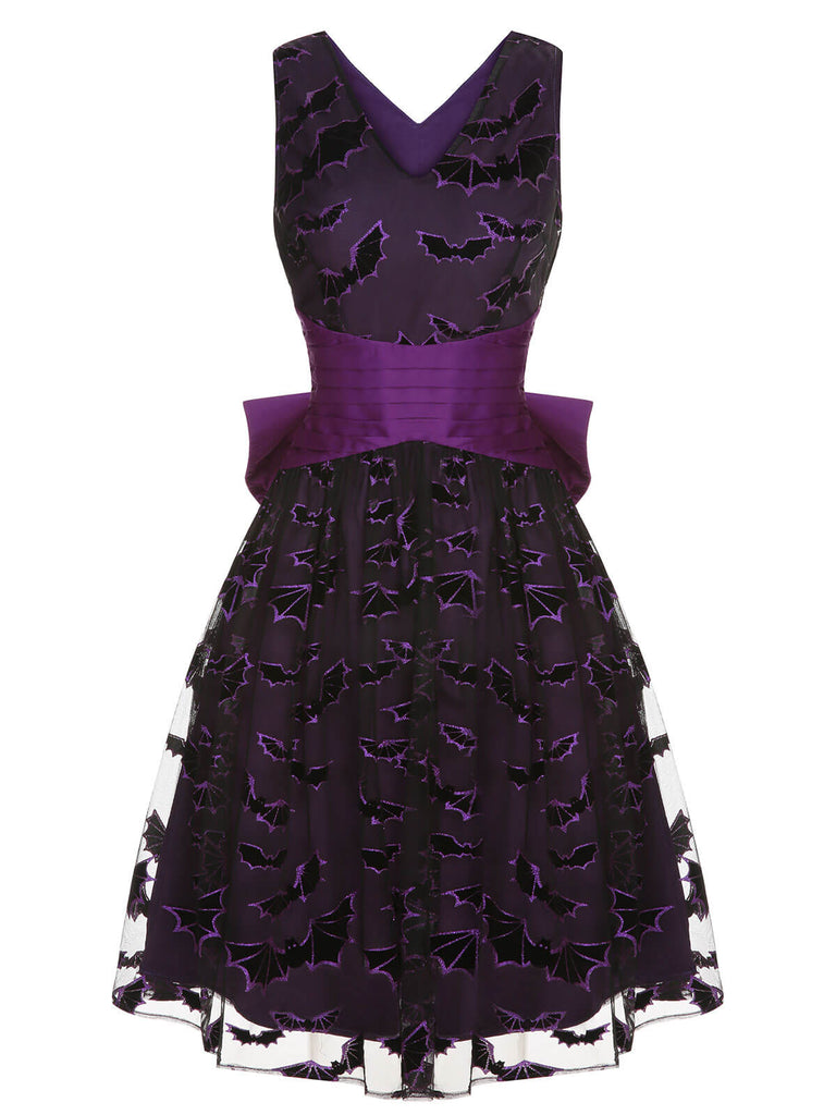 Robe à nœud de chauve-souris d’Halloween violet foncé des années 1950