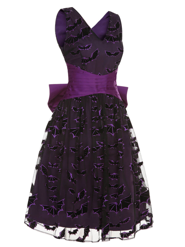 Robe à nœud de chauve-souris d’Halloween violet foncé des années 1950