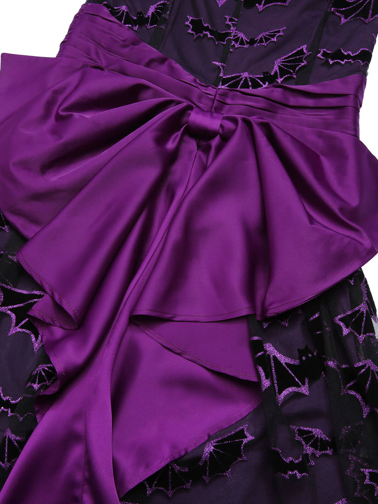 Robe à nœud de chauve-souris d’Halloween violet foncé des années 1950