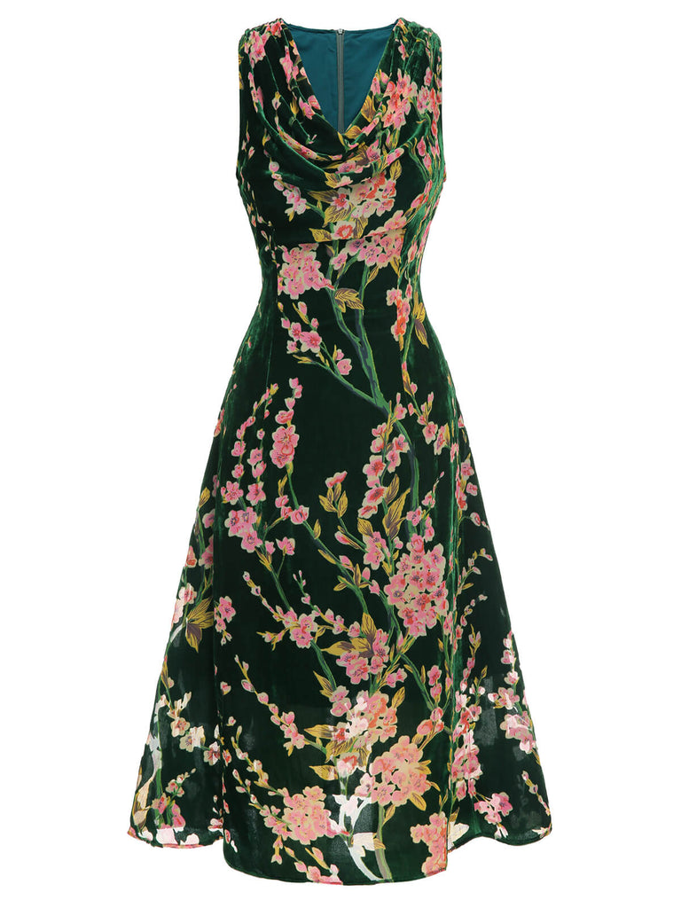 Robe sans manches en velours floral vert des années 1930