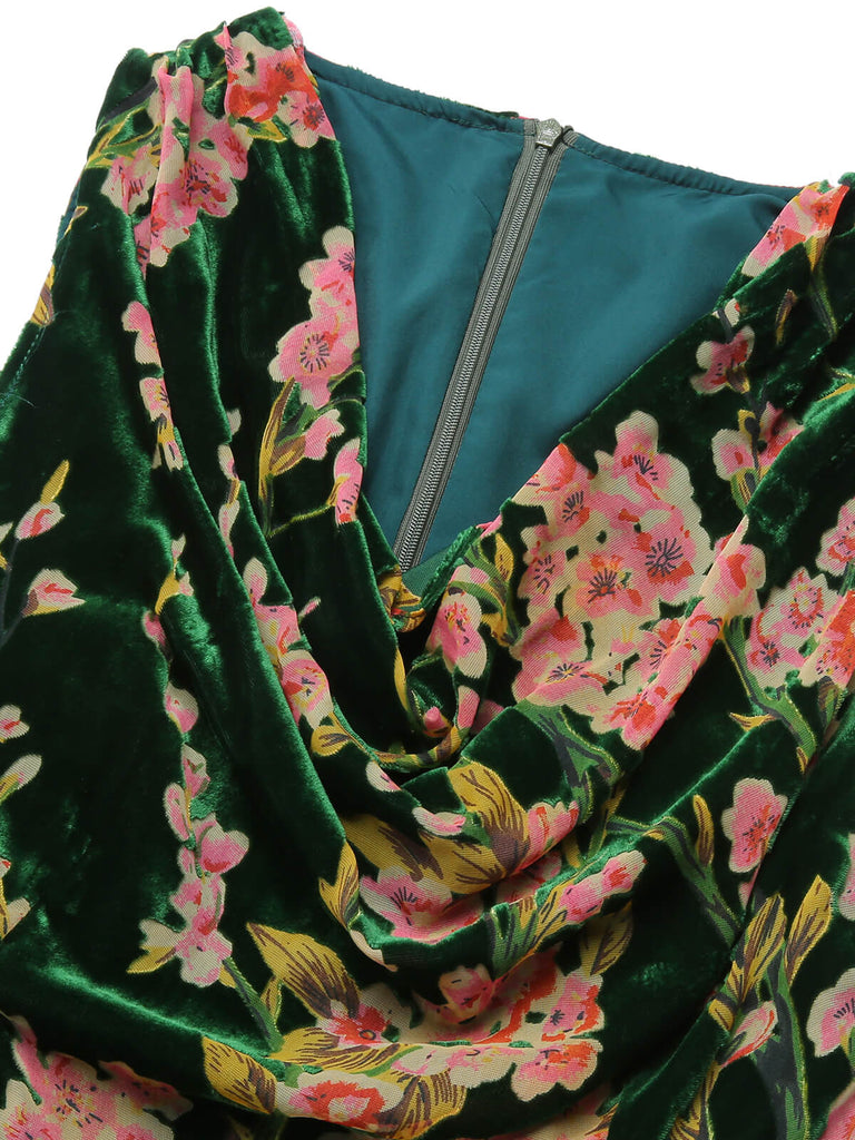 [Prévente] Robe sans manches en velours floral vert des années 1930