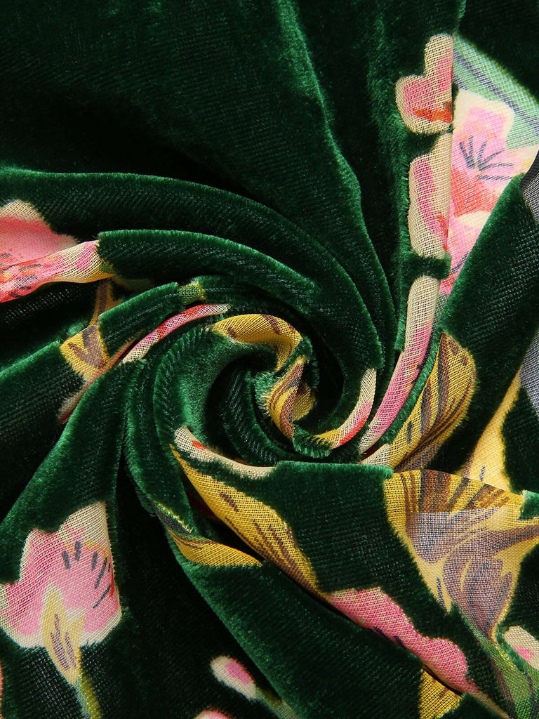 Robe sans manches en velours floral vert des années 1930