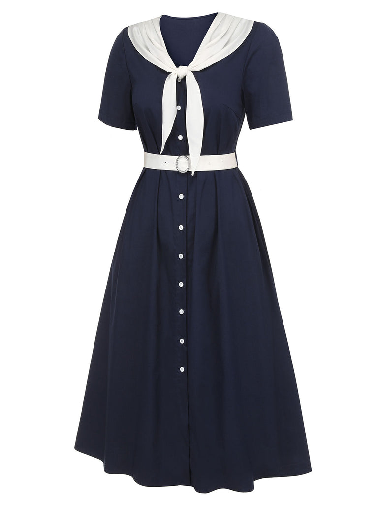 [Prévente] Robe col marin bleu foncé et blanc des années 1940