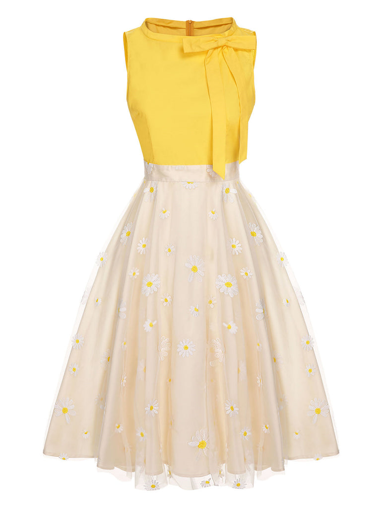 Robe patchwork jaune avec noeud papillon marguerite des années 1950