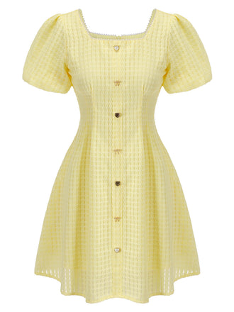 Mini-robe jaune à boutons et col carré des années 1950