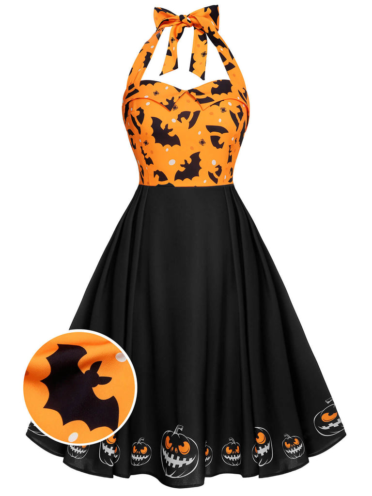 Robe noire à licou chauve-souris citrouille d'Halloween des années 1950