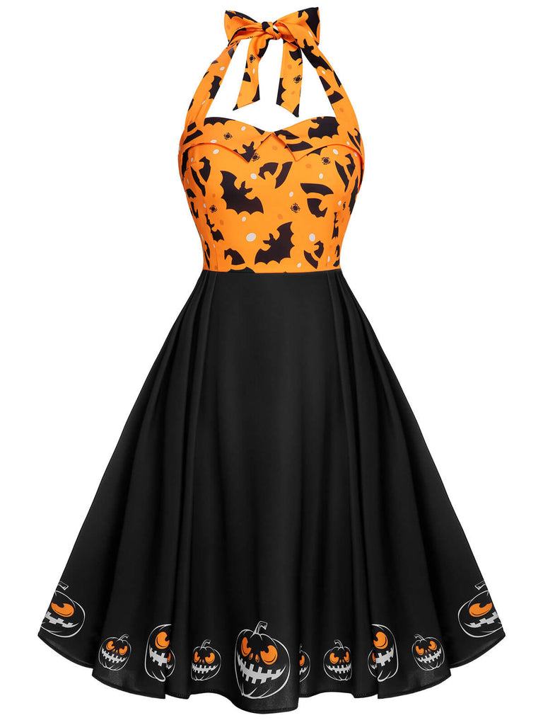 Robe noire à licou chauve-souris citrouille d'Halloween des années 1950