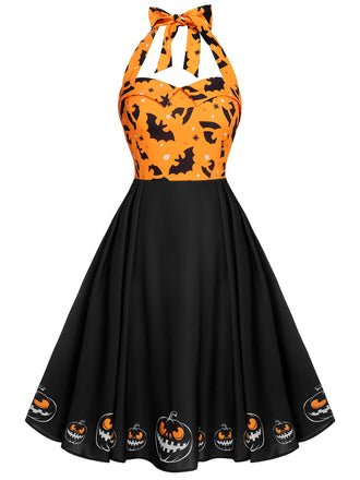 Robe noire à licou chauve-souris citrouille d'Halloween des années 1950