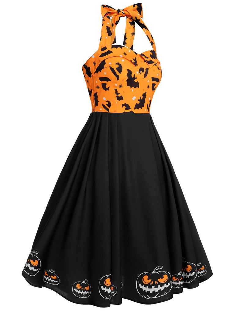 Robe noire à licou chauve-souris citrouille d'Halloween des années 1950