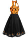 Robe noire à licou chauve-souris citrouille d'Halloween des années 1950