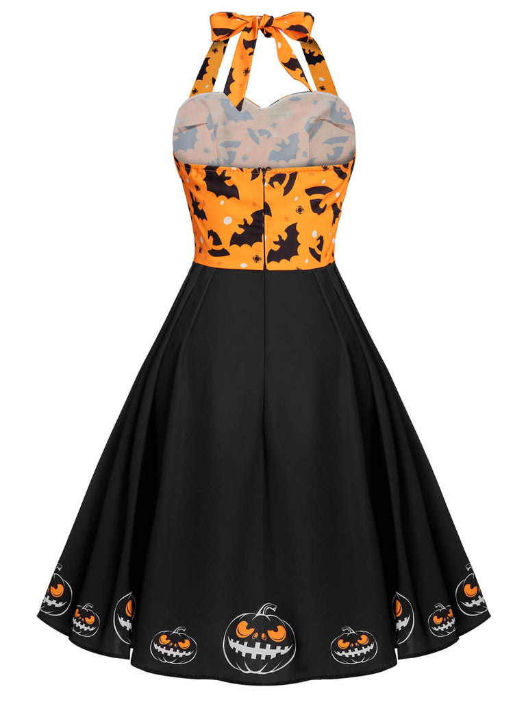 Robe noire à licou chauve-souris citrouille d'Halloween des années 1950