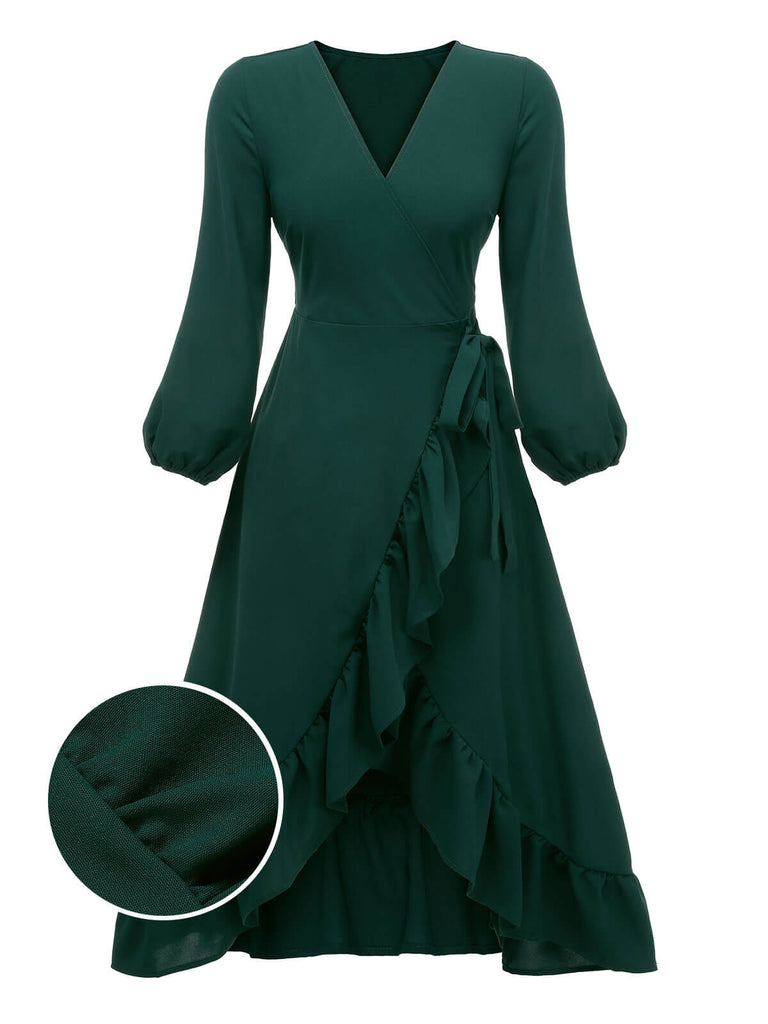 Robe portefeuille verte à col en V et manches lanterne des années 1950