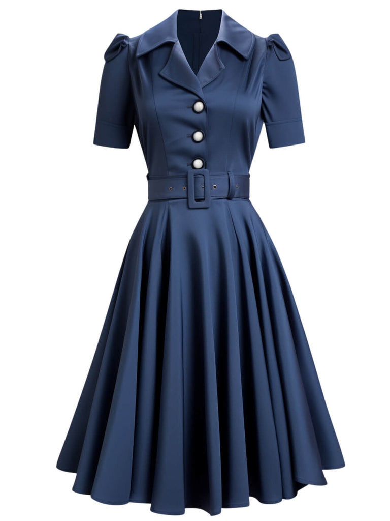 Robe à revers bleue unie à manches courtes des années 1940
