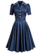 Robe à revers bleue unie à manches courtes des années 1940