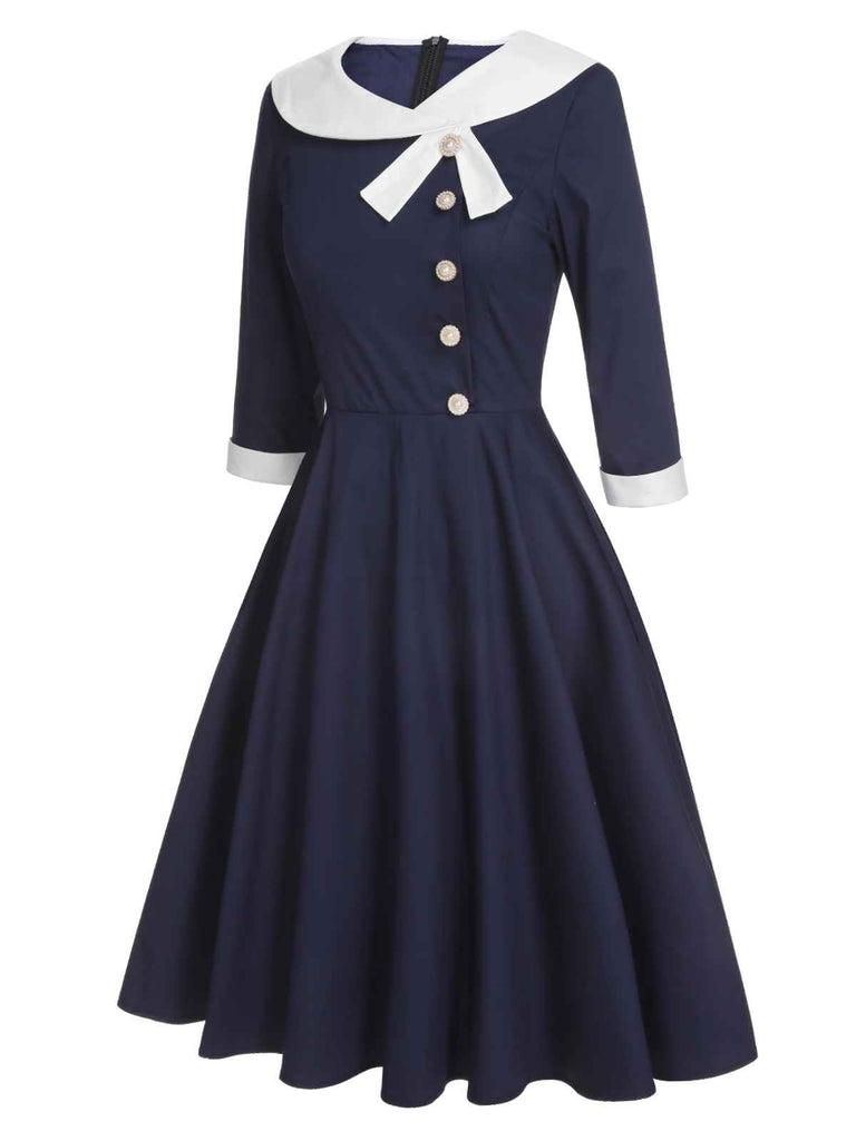 Robe patchwork à revers bleu foncé des années 1950