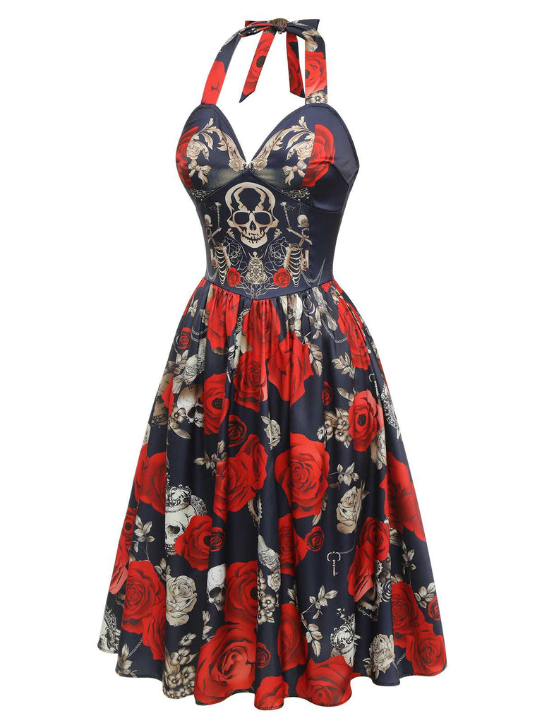 [Prévente] Robe trapèze noire à col licou et squelette rose des années 1950